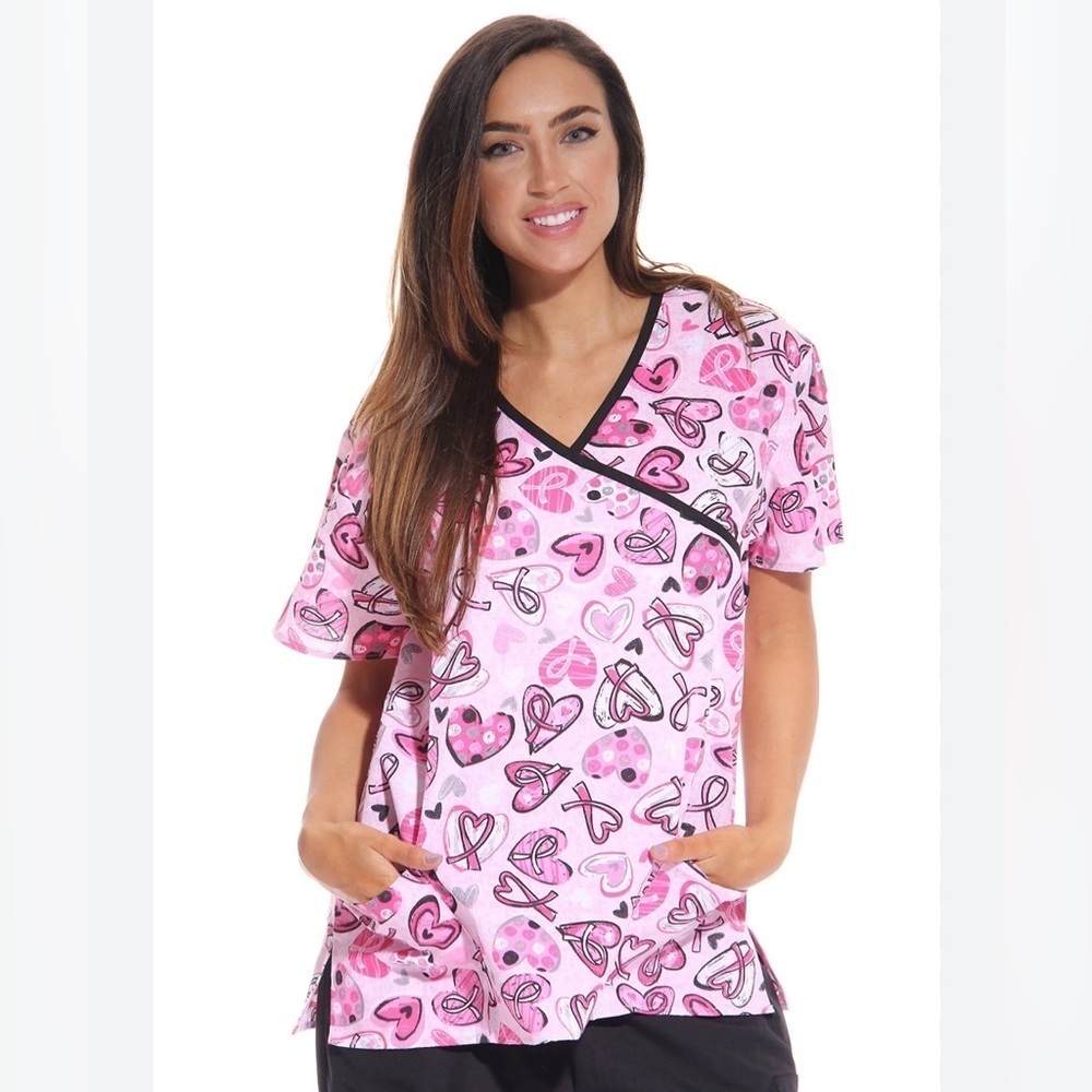 Just Love | Nursing Scrubs Pink Hearts & Pink Breast Cancer Ribbon